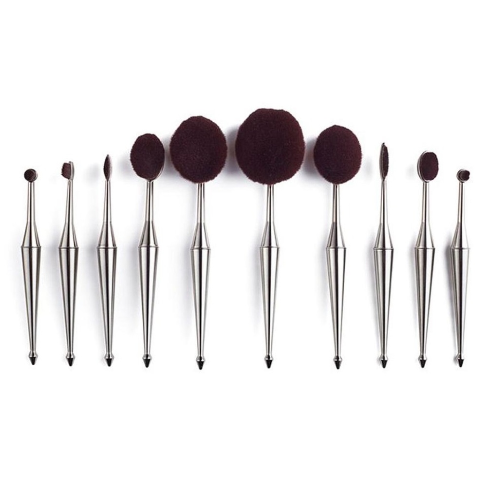 NEW Facebase 10pc Set of Pewter Oval Luscious Thick Makeup Brush Set Rtl $395